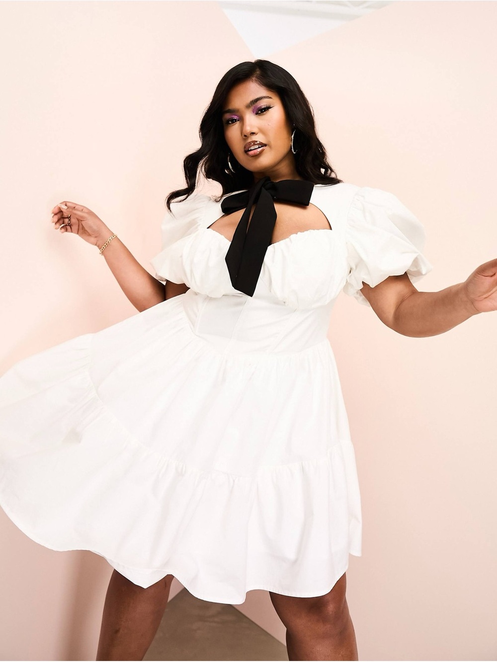 White Puff Sleeve Mini Dress with Black Bow